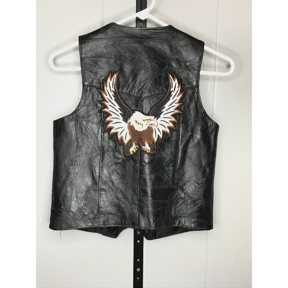 Vintage Milan Leather Genuine Biker Vest Black Big Eagle Patch Womens SM